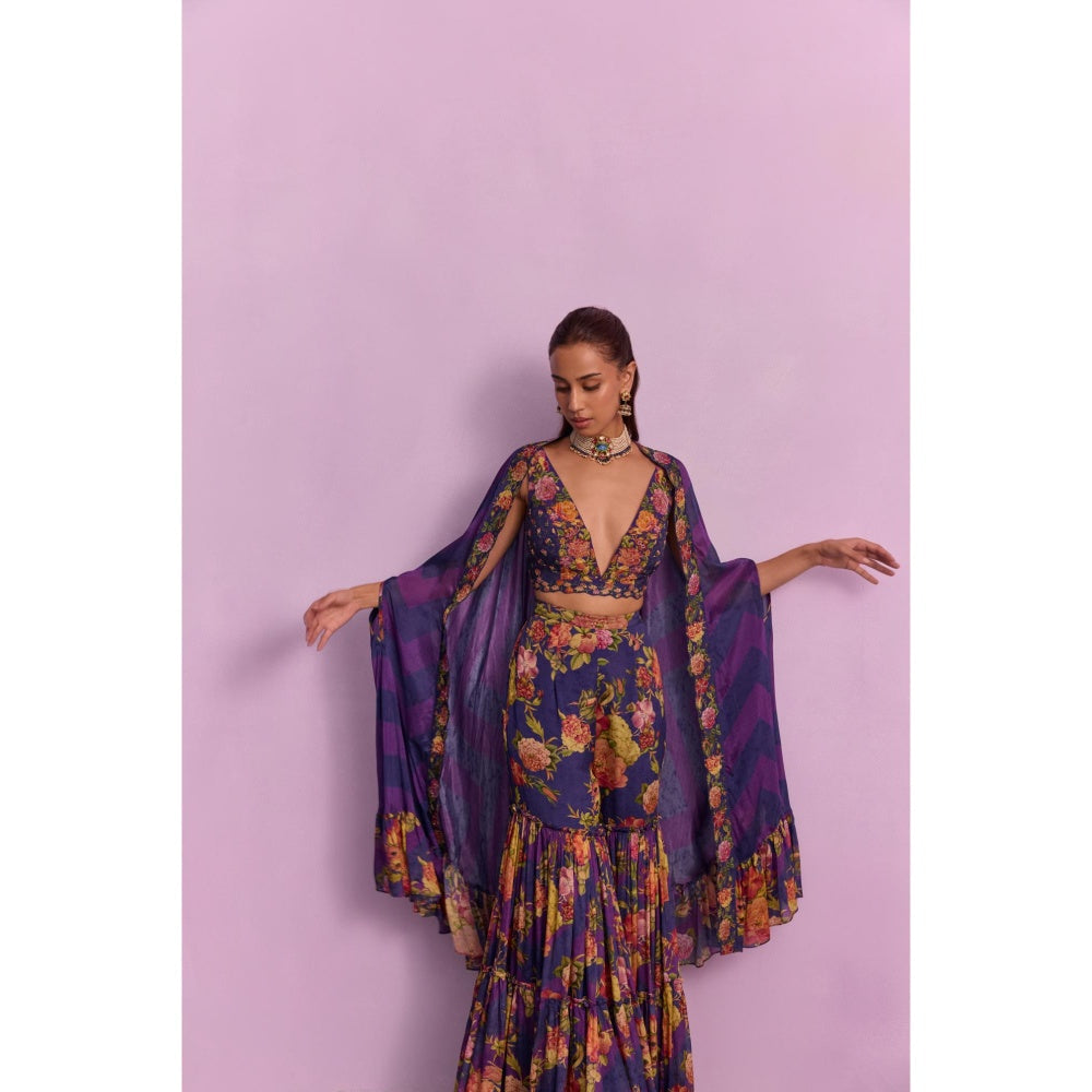 KALISTA Naira Purple Floral Embellished Blouse with Sharara and Cape (Set of 3)