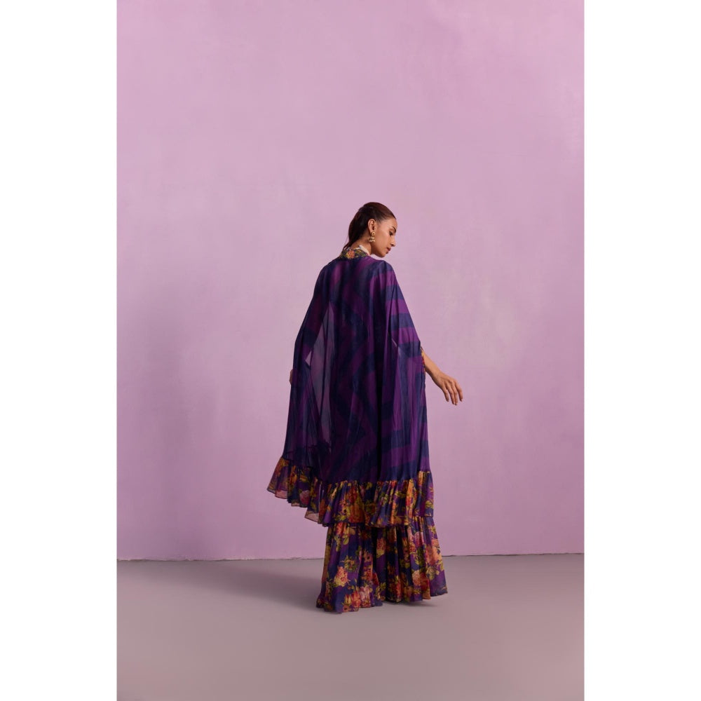 KALISTA Naira Purple Floral Embellished Blouse with Sharara and Cape (Set of 3)
