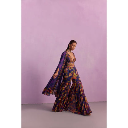 KALISTA Naira Purple Floral Embellished Blouse with Sharara and Cape (Set of 3)