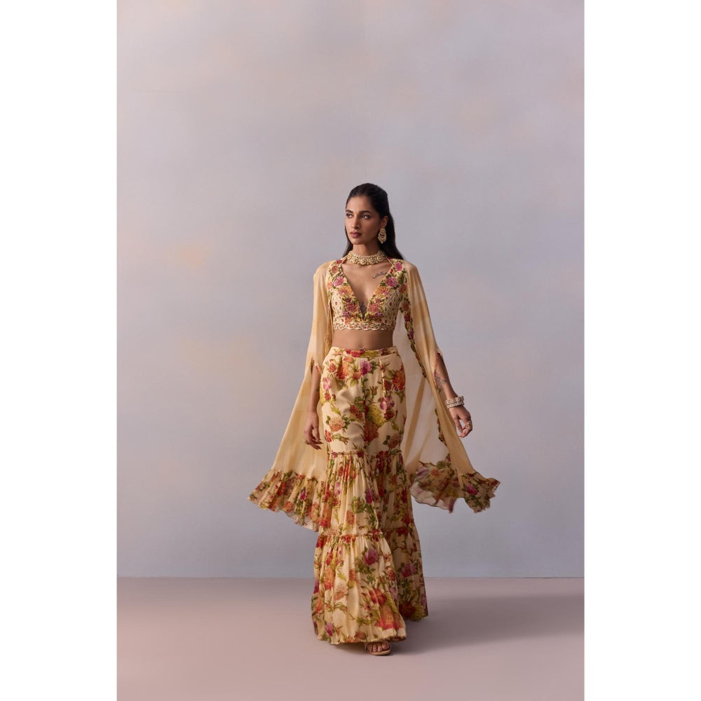 KALISTA Naira Ivory Floral Embellished Blouse with Sharara and Cape (Set of 3)