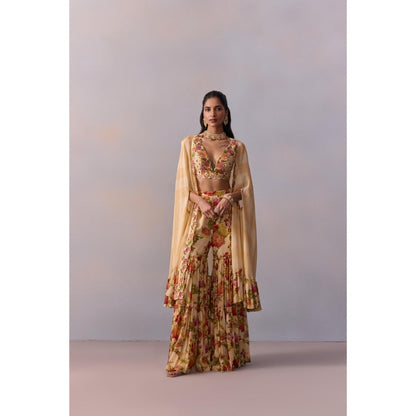 KALISTA Naira Ivory Floral Embellished Blouse with Sharara and Cape (Set of 3)