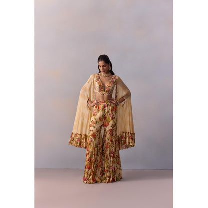 KALISTA Naira Ivory Floral Embellished Blouse with Sharara and Cape (Set of 3)