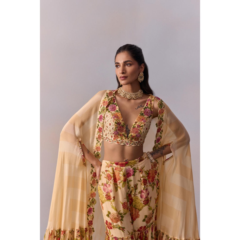 KALISTA Naira Ivory Floral Embellished Blouse with Sharara and Cape (Set of 3)