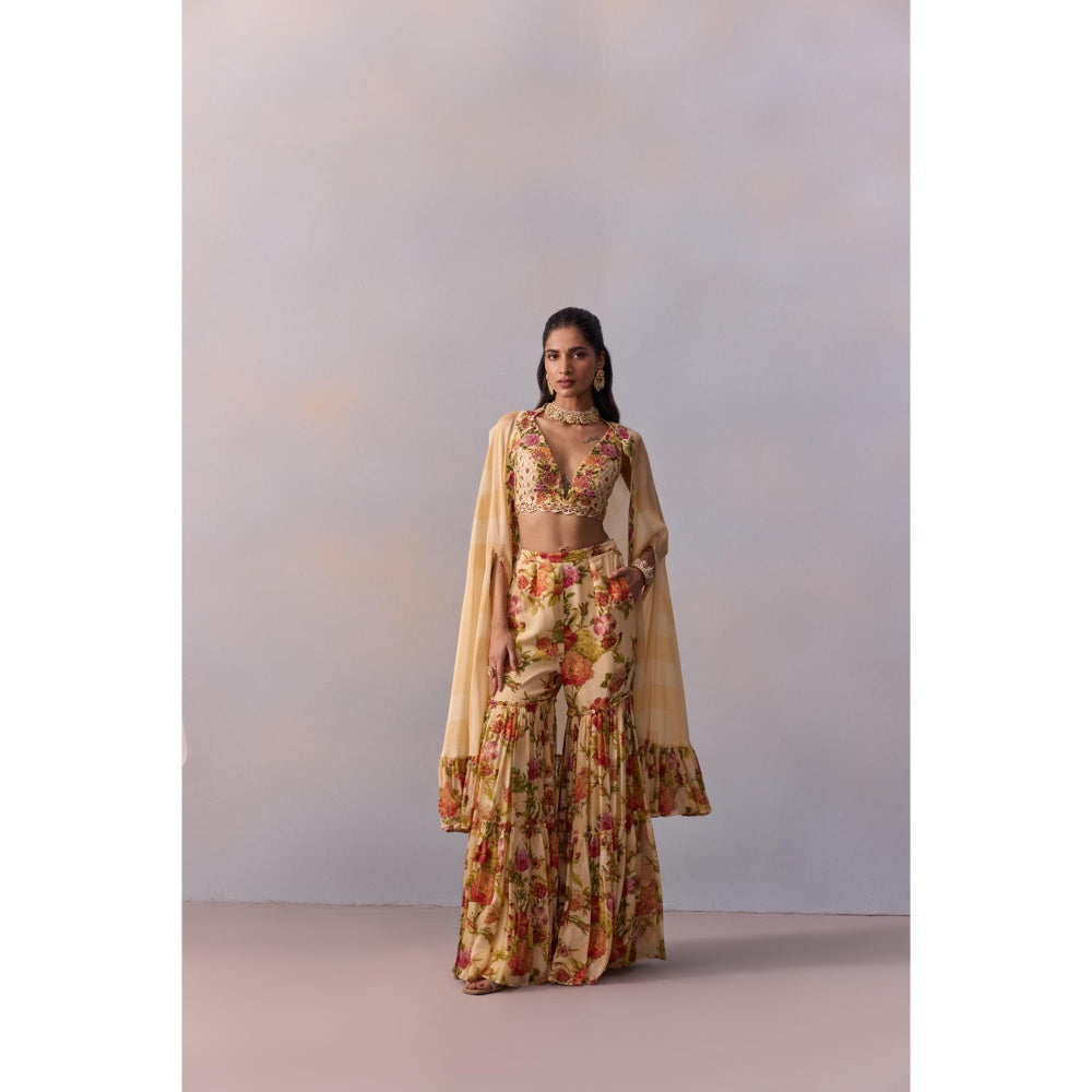 KALISTA Naira Ivory Floral Embellished Blouse with Sharara and Cape (Set of 3)