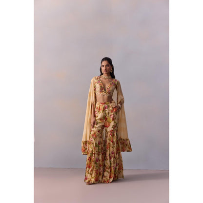 KALISTA Naira Ivory Floral Embellished Blouse with Sharara and Cape (Set of 3)