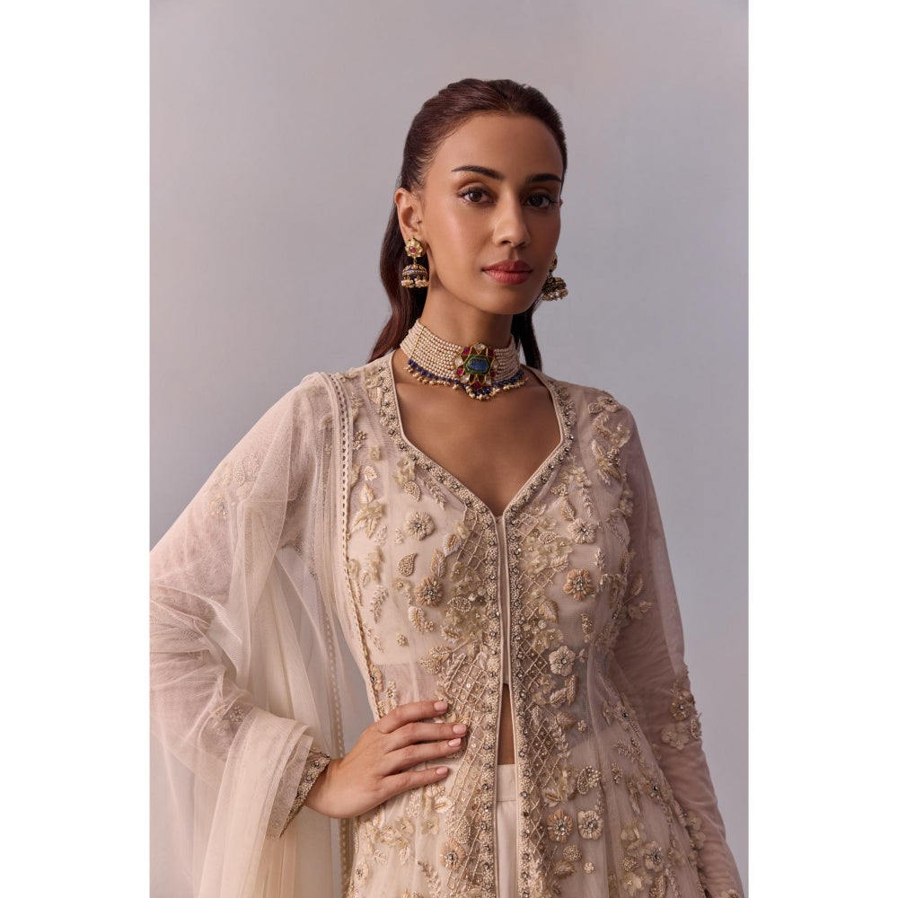 KALISTA Mariam Off-White Embellished Bustier with Sharara and Dupatta & Cape (Set of 4)