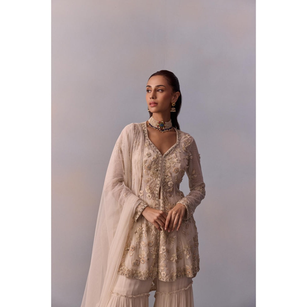 KALISTA Mariam Off-White Embellished Bustier with Sharara and Dupatta & Cape (Set of 4)