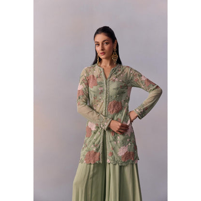 KALISTA Fidah Sea Green Embellished Bustier with Sharara and Jacket (Set of 3)