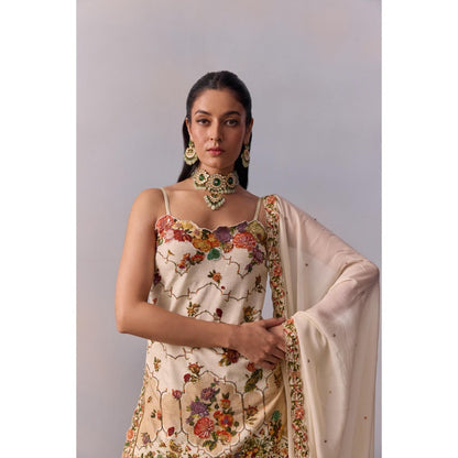 KALISTA Rabia Ivory Floral Embellished Kurta with Sharara and Dupatta (Set of 3)