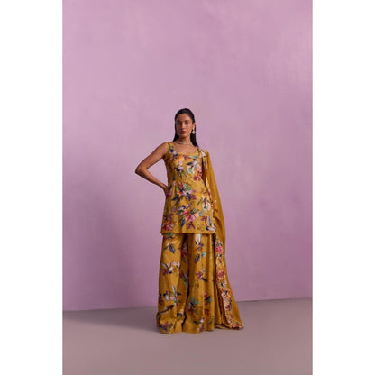 KALISTA Shirin Mustard Floral Embellished Kurta with Sharara and Dupatta (Set of 3)