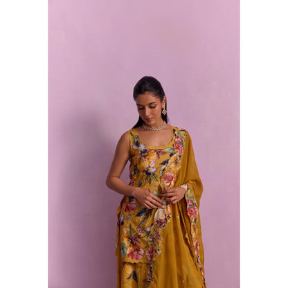 KALISTA Shirin Mustard Floral Embellished Kurta with Sharara and Dupatta (Set of 3)