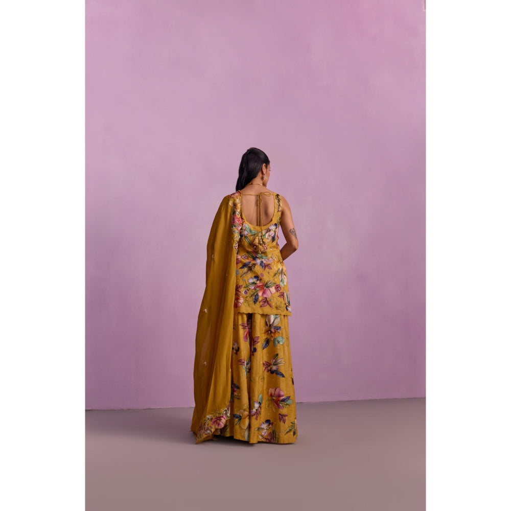 KALISTA Shirin Mustard Floral Embellished Kurta with Sharara and Dupatta (Set of 3)