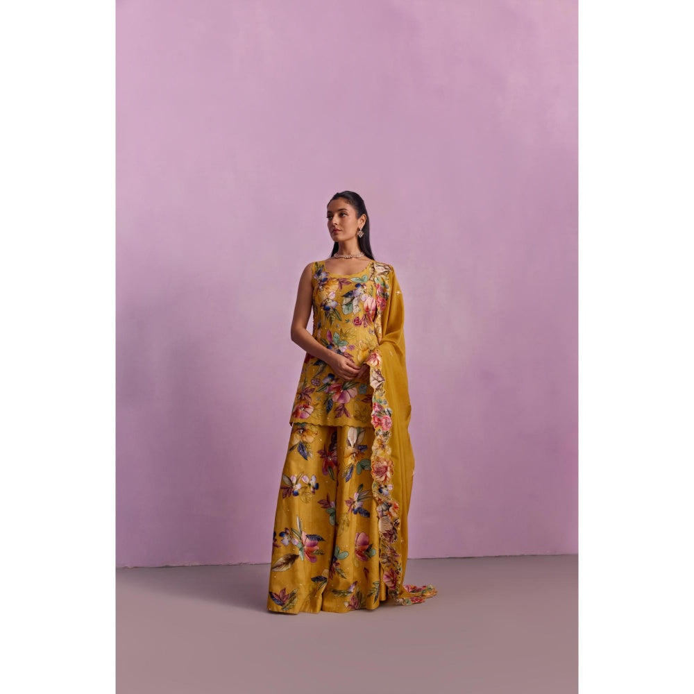 KALISTA Shirin Mustard Floral Embellished Kurta with Sharara and Dupatta (Set of 3)