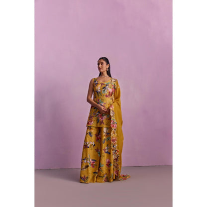 KALISTA Shirin Mustard Floral Embellished Kurta with Sharara and Dupatta (Set of 3)