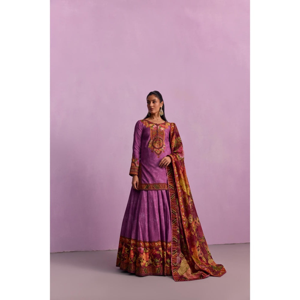 KALISTA Sehnaaz Purple Floral Short Kurta with Lehengas and Dupatta (Set of 3)