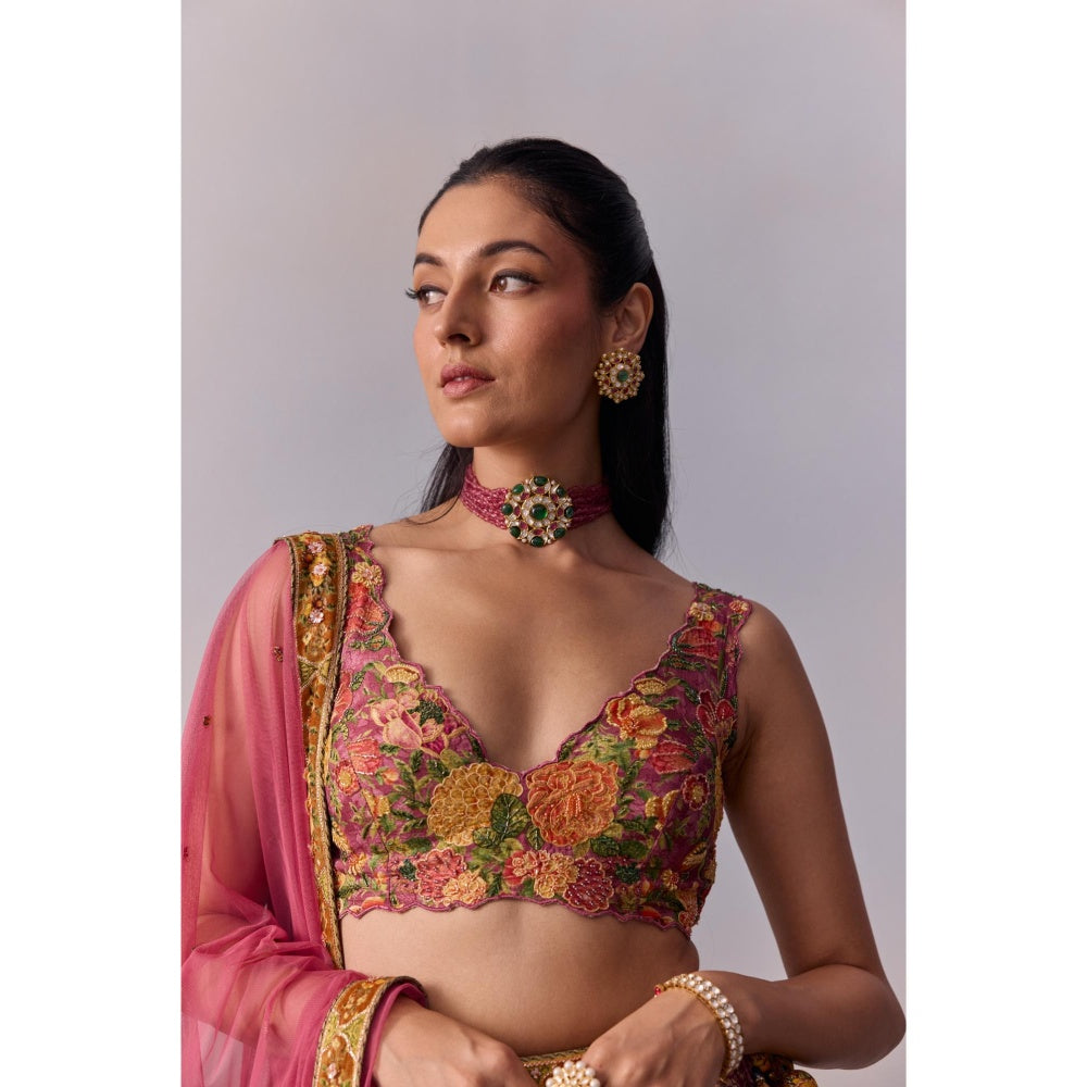 KALISTA Zareen Candy Pink Embellished Floral Blouse with Lehenga and Dupatta (Set of 3)