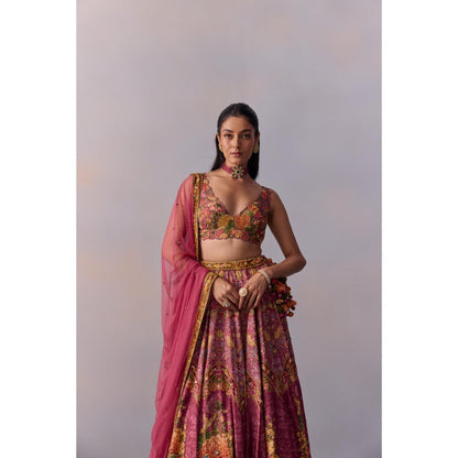 KALISTA Zareen Candy Pink Embellished Floral Blouse with Lehenga and Dupatta (Set of 3)