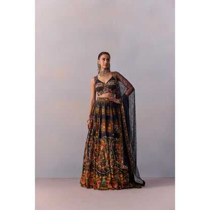 KALISTA Naaz Black Embellished Floral Blouse with Lehenga and Dupatta (Set of 3)