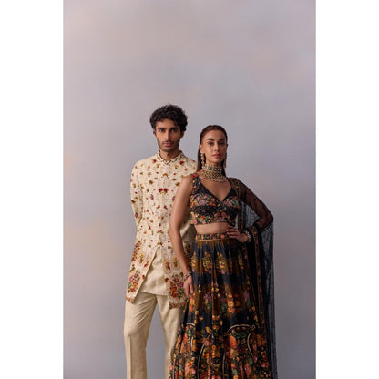 KALISTA Naaz Black Embellished Floral Blouse with Lehenga and Dupatta (Set of 3)