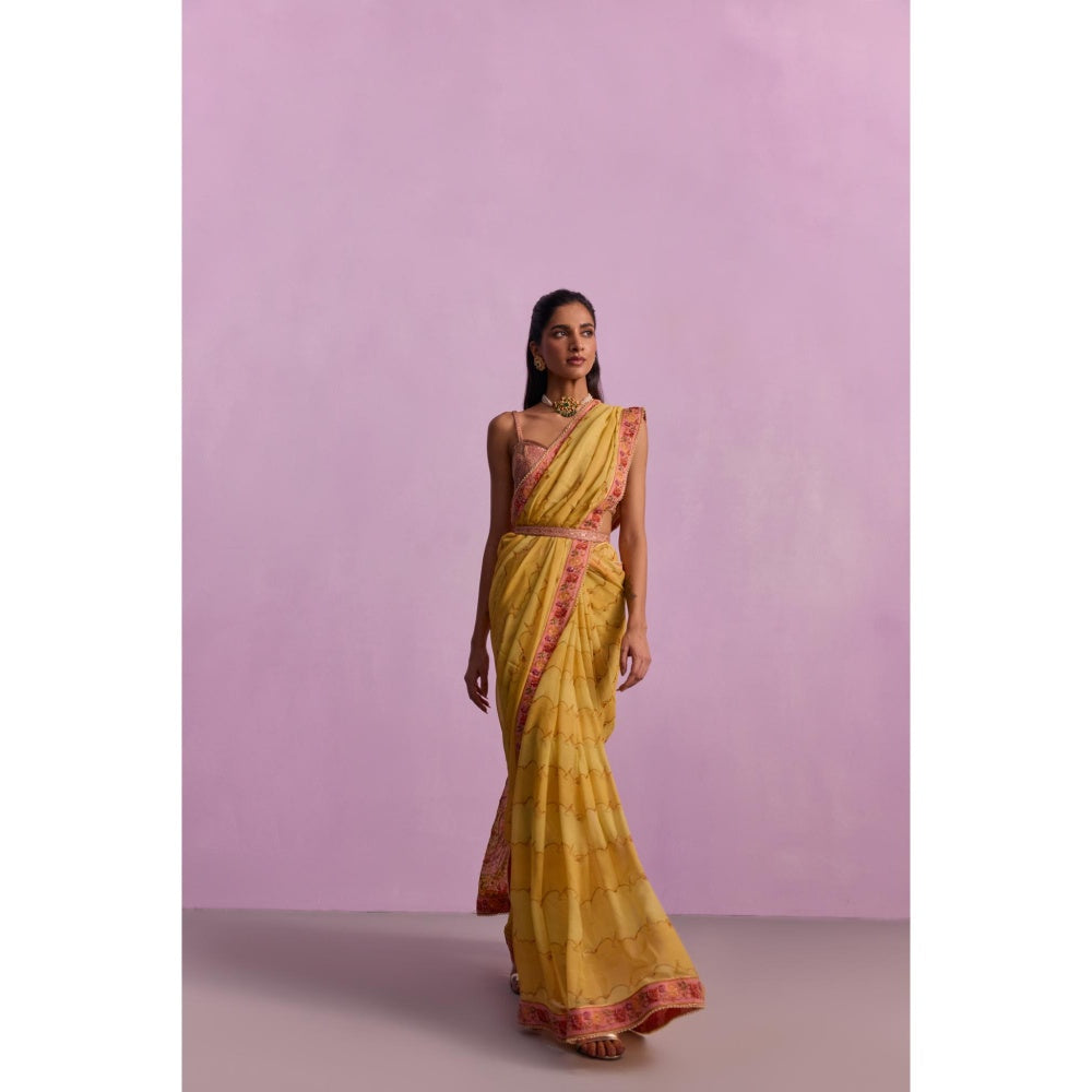 KALISTA Inaya Yellow Embroidered Saree with Stitched Blouse and Belt