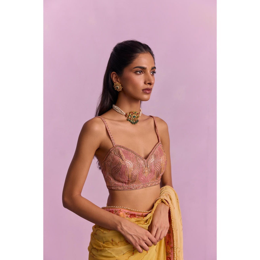 KALISTA Inaya Yellow Embroidered Saree with Stitched Blouse and Belt