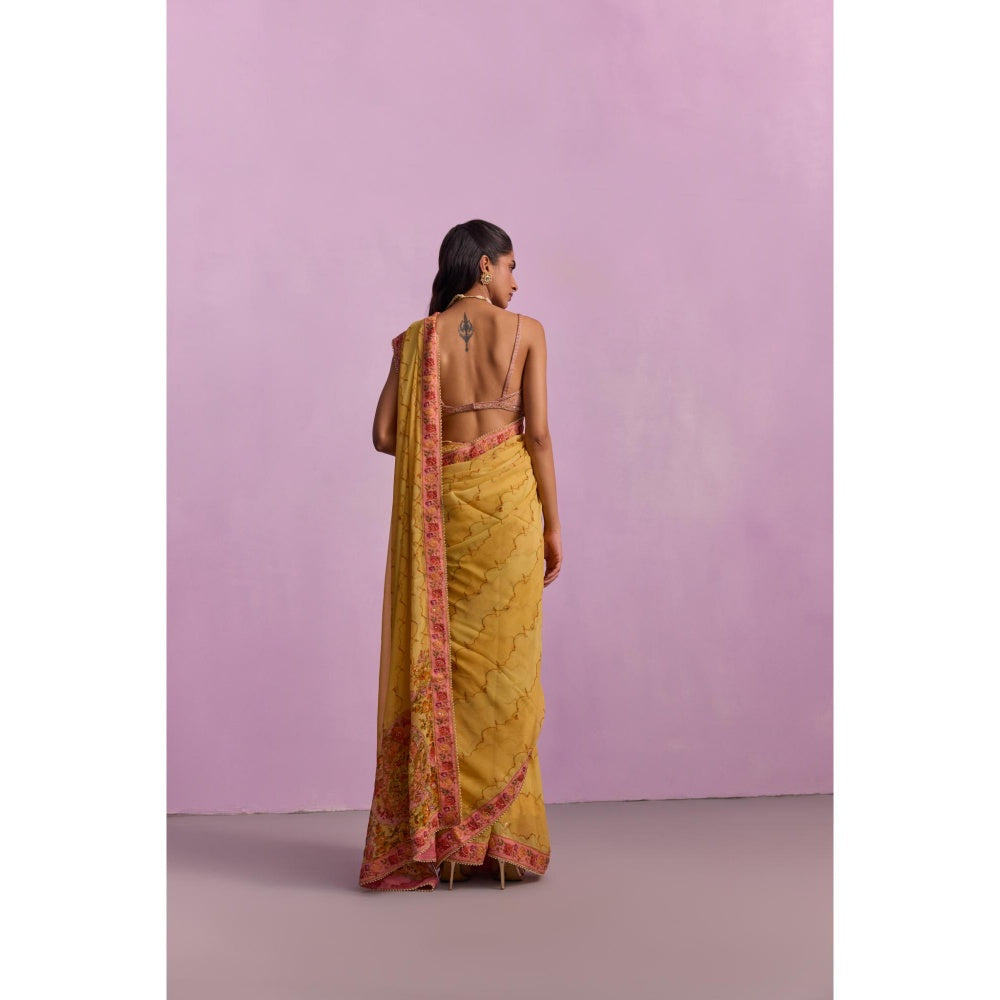 KALISTA Inaya Yellow Embroidered Saree with Stitched Blouse and Belt