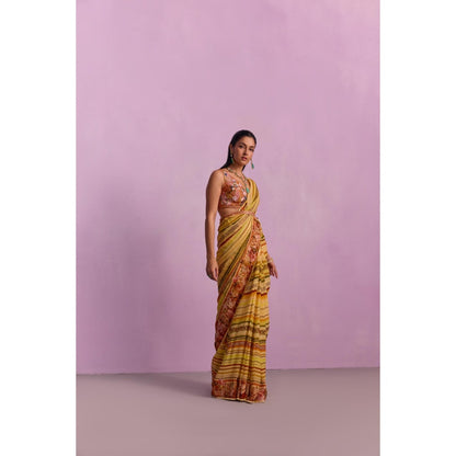 KALISTA Zoyah Mustard Embroidered Saree with Stitched Blouse and Belt