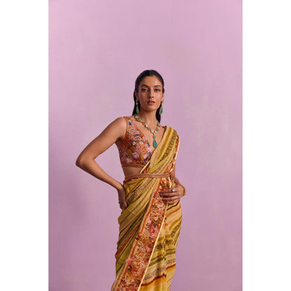 KALISTA Zoyah Mustard Embroidered Saree with Stitched Blouse and Belt