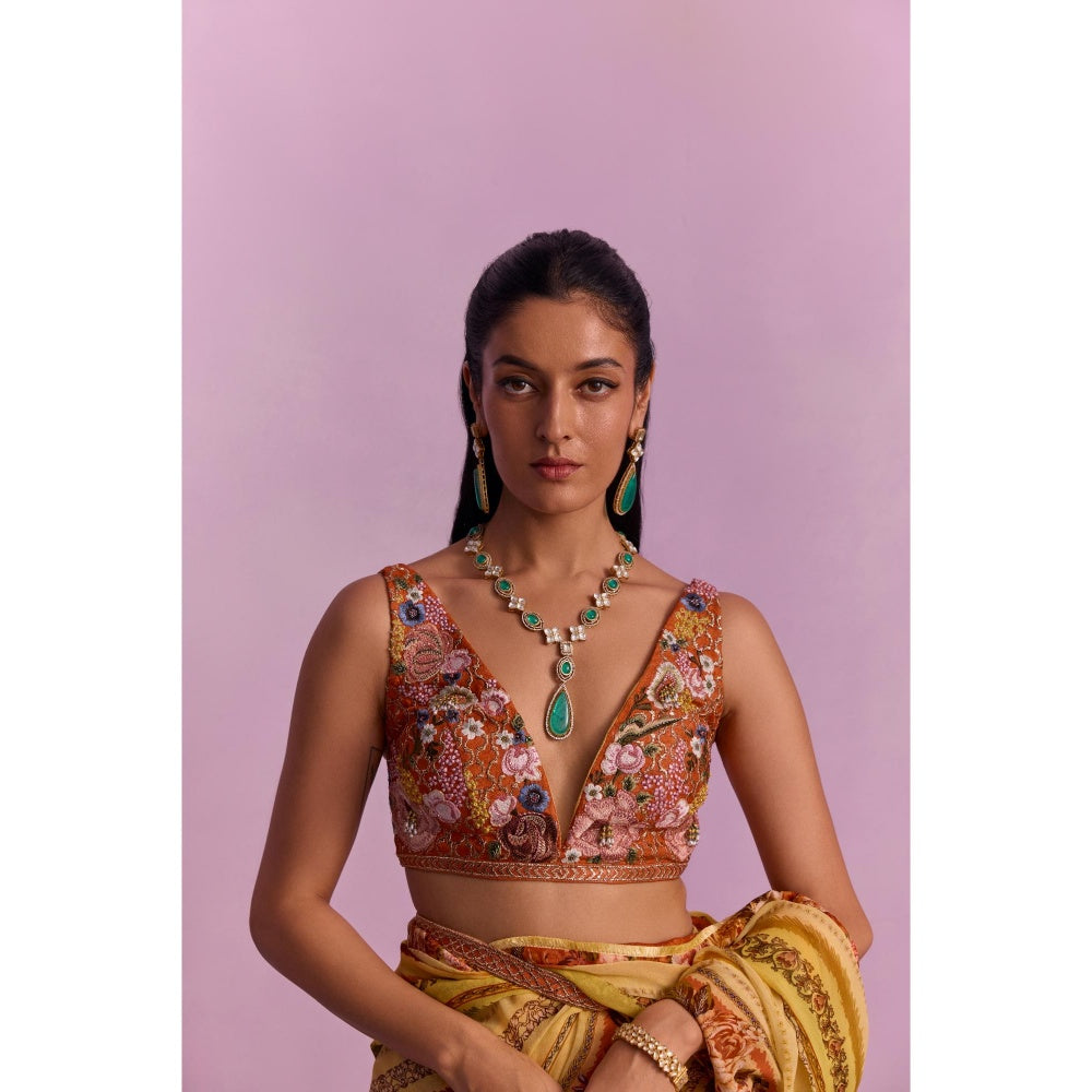 KALISTA Zoyah Mustard Embroidered Saree with Stitched Blouse and Belt
