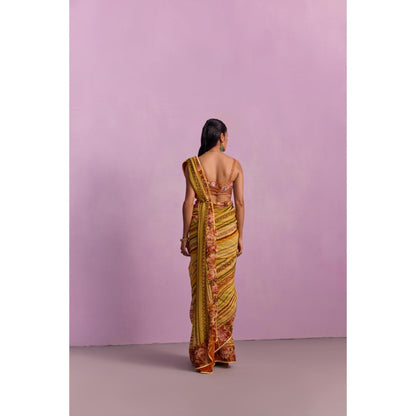 KALISTA Zoyah Mustard Embroidered Saree with Stitched Blouse and Belt