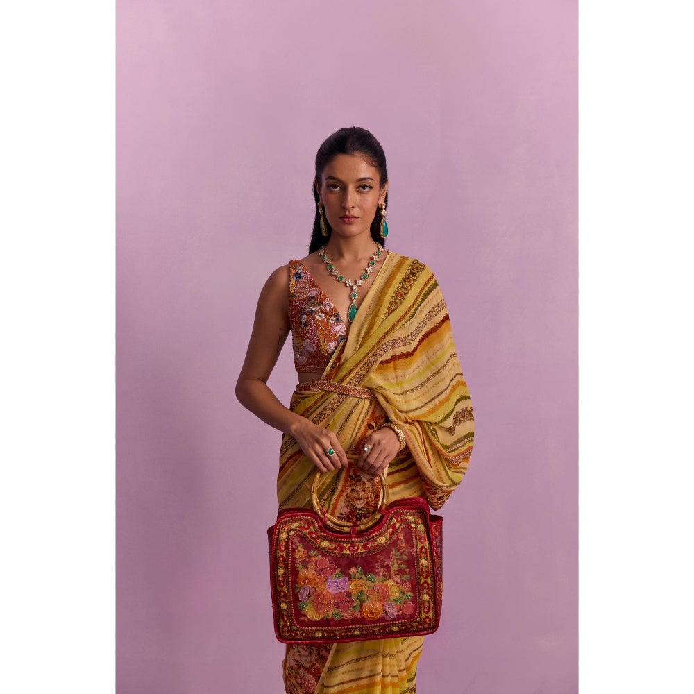 KALISTA Zoyah Mustard Embroidered Saree with Stitched Blouse and Belt