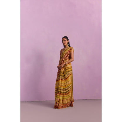 KALISTA Zoyah Mustard Embroidered Saree with Stitched Blouse and Belt