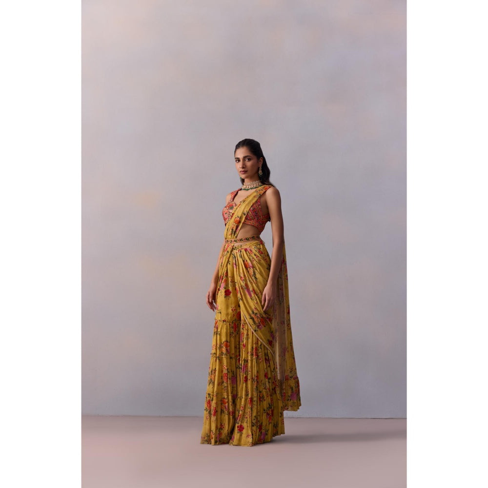 KALISTA Sabia Yellow Floral Pre Drape Saree with Stitched Blouse and Belt