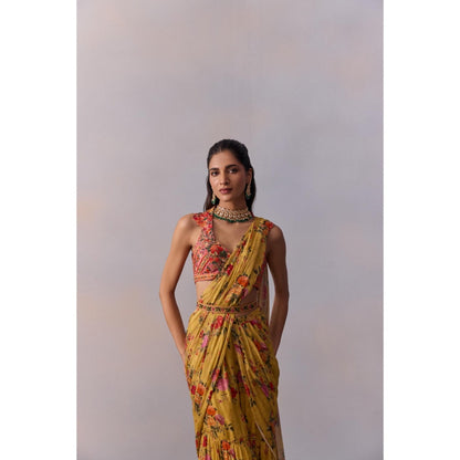 KALISTA Sabia Yellow Floral Pre Drape Saree with Stitched Blouse and Belt