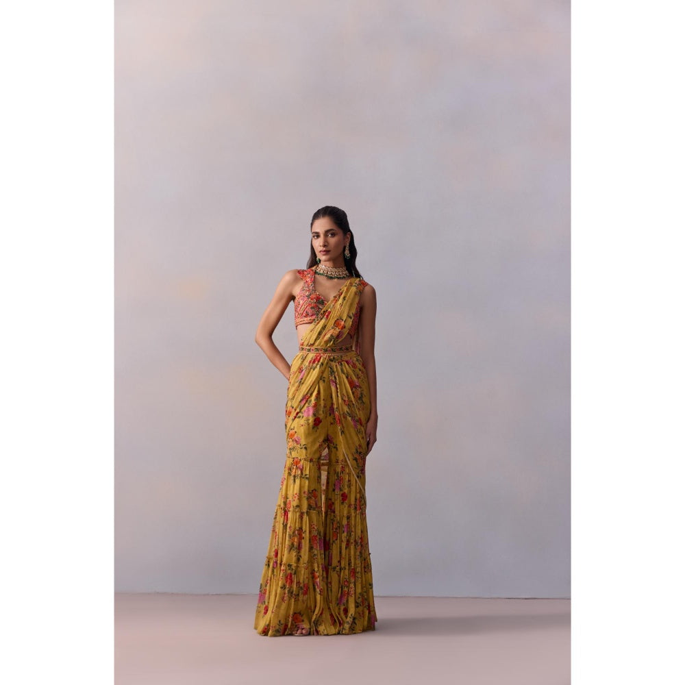 KALISTA Sabia Yellow Floral Pre Drape Saree with Stitched Blouse and Belt