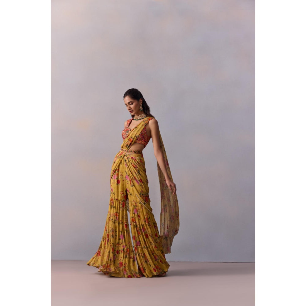 KALISTA Sabia Yellow Floral Pre Drape Saree with Stitched Blouse and Belt