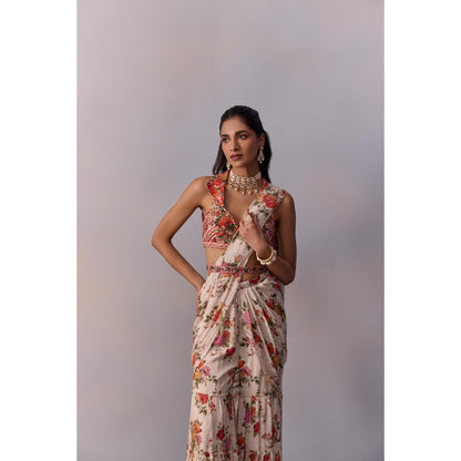 KALISTA Sabia Ivory Floral Pre Drape Saree with Stitched Blouse and Belt