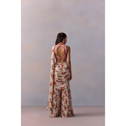 KALISTA Sabia Ivory Floral Pre Drape Saree with Stitched Blouse and Belt