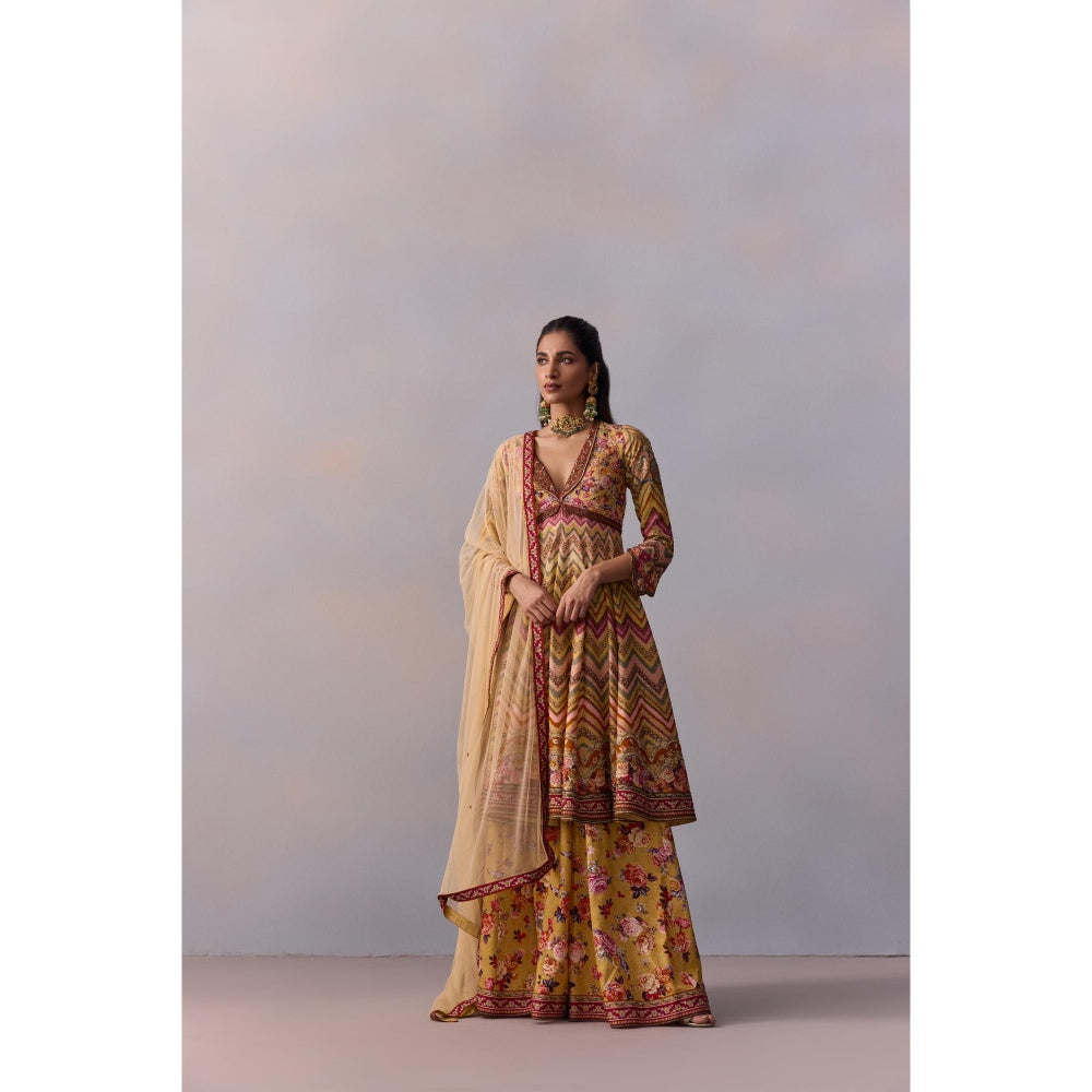 KALISTA Kushnaz Multicolour Floral Embellished Kurta with Sharara and Dupatta (Set of 3)