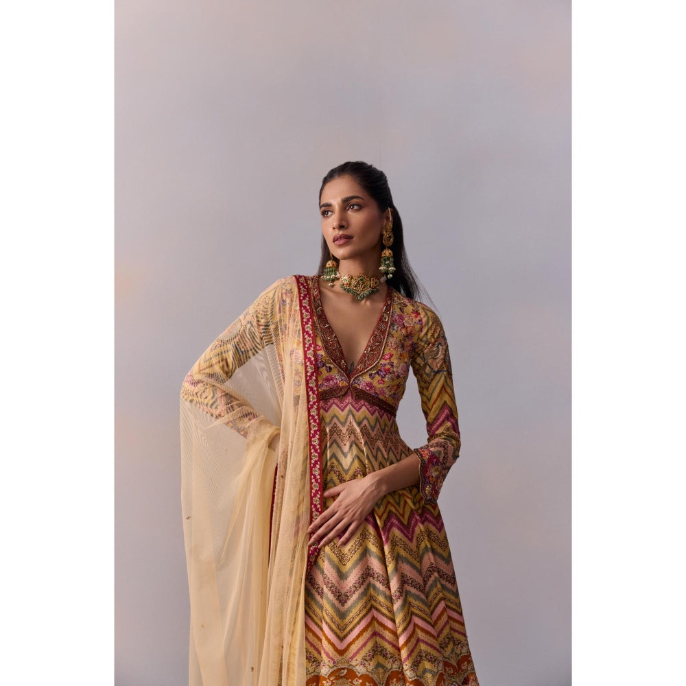 KALISTA Kushnaz Multicolour Floral Embellished Kurta with Sharara and Dupatta (Set of 3)