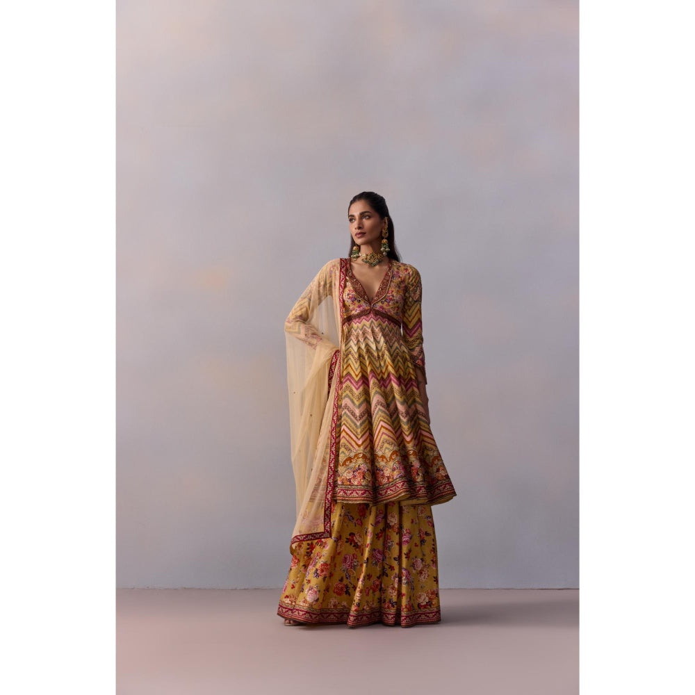 KALISTA Kushnaz Multicolour Floral Embellished Kurta with Sharara and Dupatta (Set of 3)