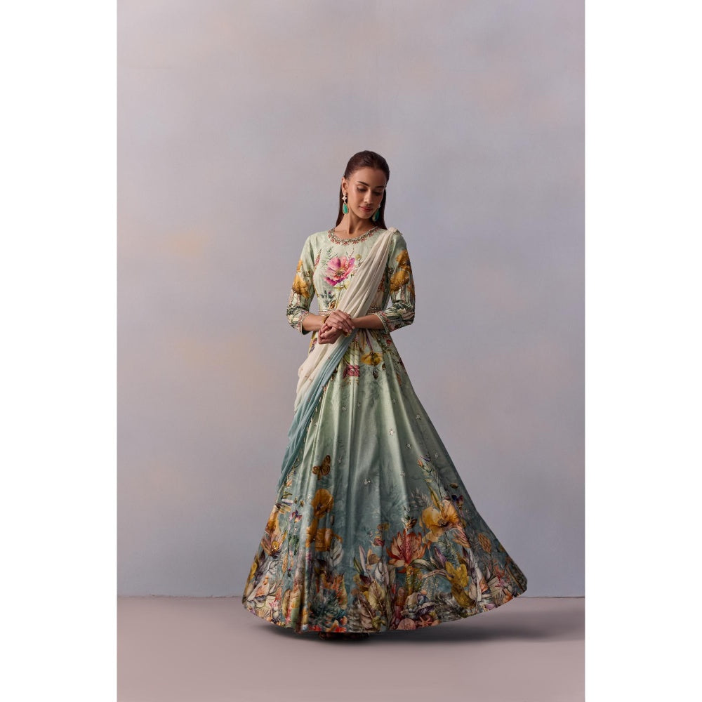 KALISTA Sanaah Sea Green Floral Embellished Anarkali with Dupatta (Set of 2)