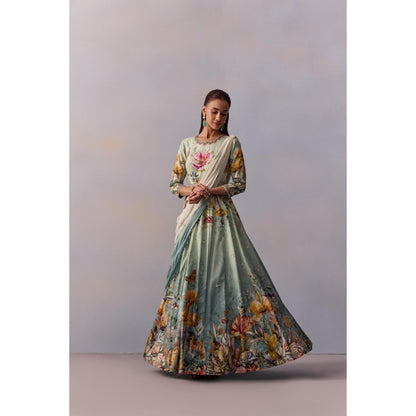 KALISTA Sanaah Sea Green Floral Embellished Anarkali with Dupatta (Set of 2)