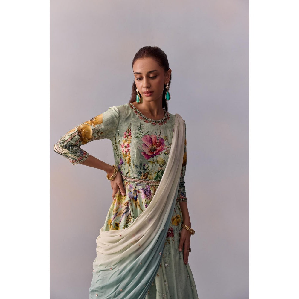 KALISTA Sanaah Sea Green Floral Embellished Anarkali with Dupatta (Set of 2)