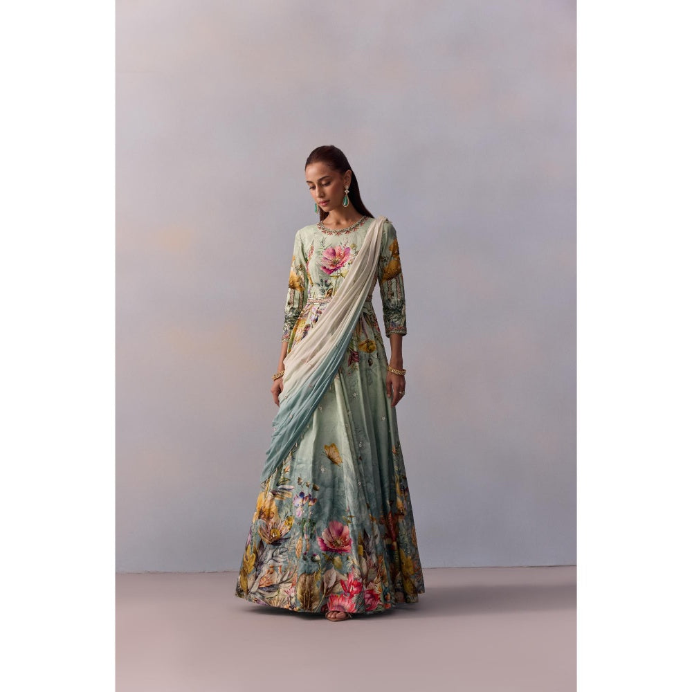 KALISTA Sanaah Sea Green Floral Embellished Anarkali with Dupatta (Set of 2)