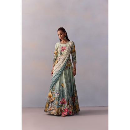 KALISTA Sanaah Sea Green Floral Embellished Anarkali with Dupatta (Set of 2)