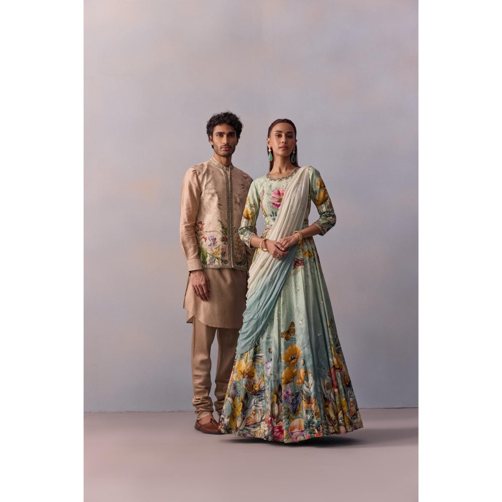 KALISTA Sanaah Sea Green Floral Embellished Anarkali with Dupatta (Set of 2)