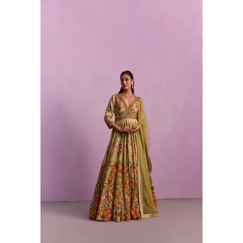 KALISTA Adhira Multi-coloured Floral Embellished Anarkali with Dupatta (Set of 2)