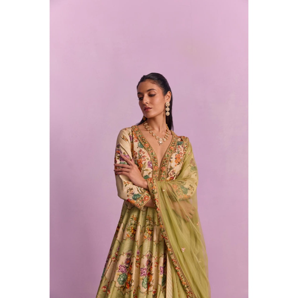 KALISTA Adhira Multi-coloured Floral Embellished Anarkali with Dupatta (Set of 2)
