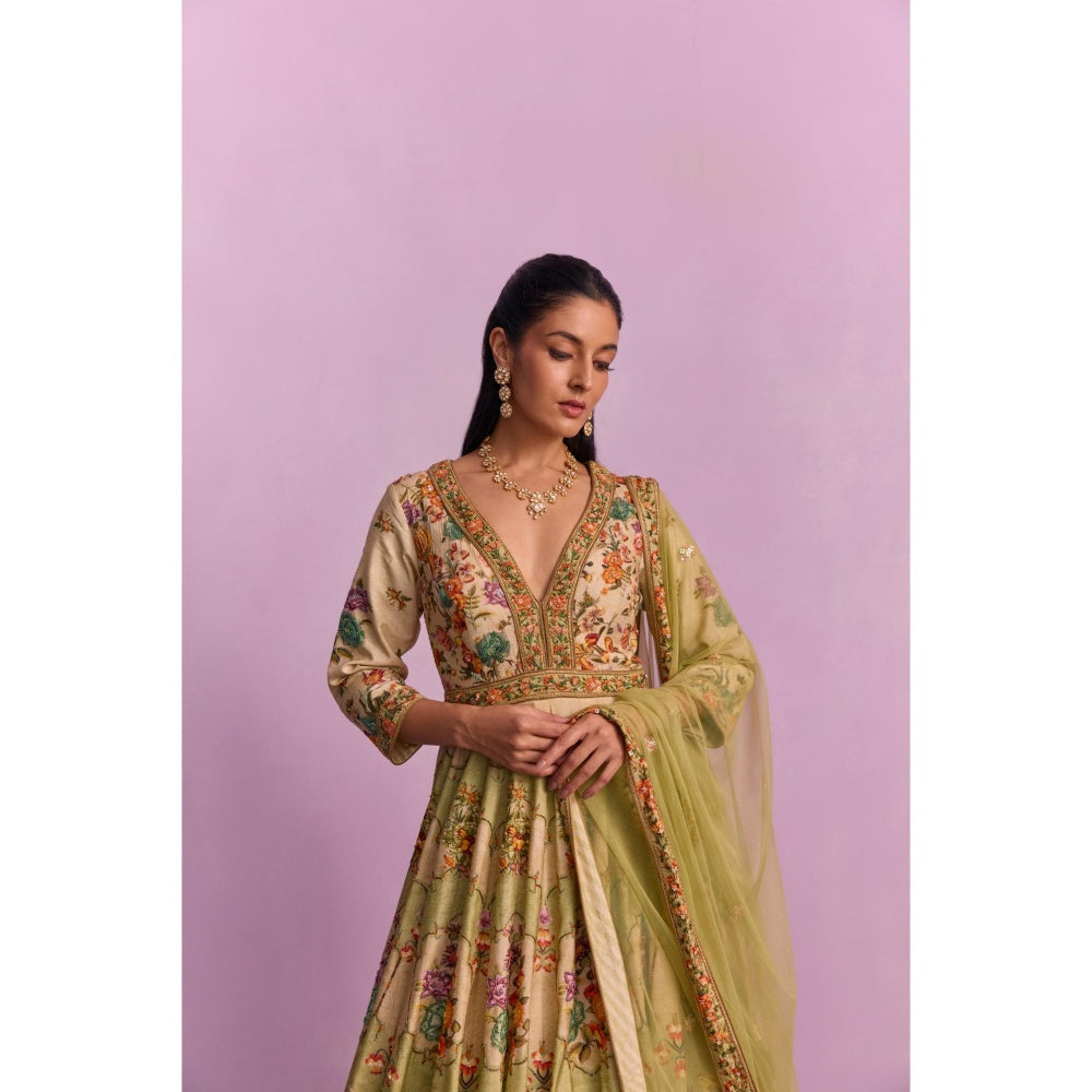 KALISTA Adhira Multi-coloured Floral Embellished Anarkali with Dupatta (Set of 2)